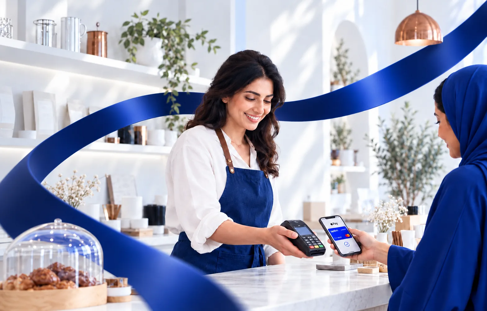 A shop owner holds out a card terminal while a customer pays with her phone at a café counter