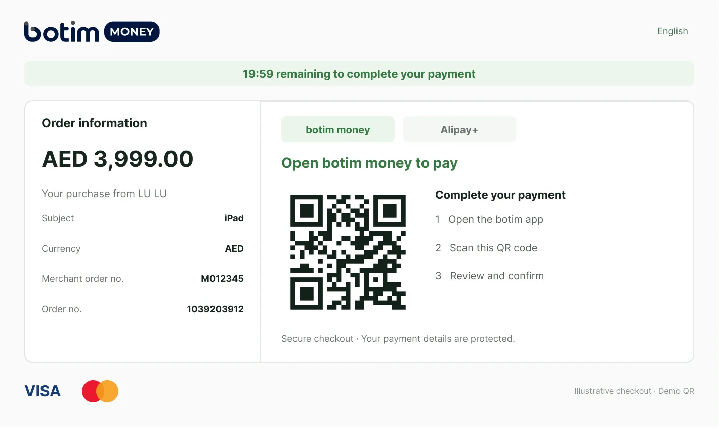 botim money online checkout: an AED 3,999.00 order paid by scanning a QR code with the botim app, with Visa and Mastercard also accepted