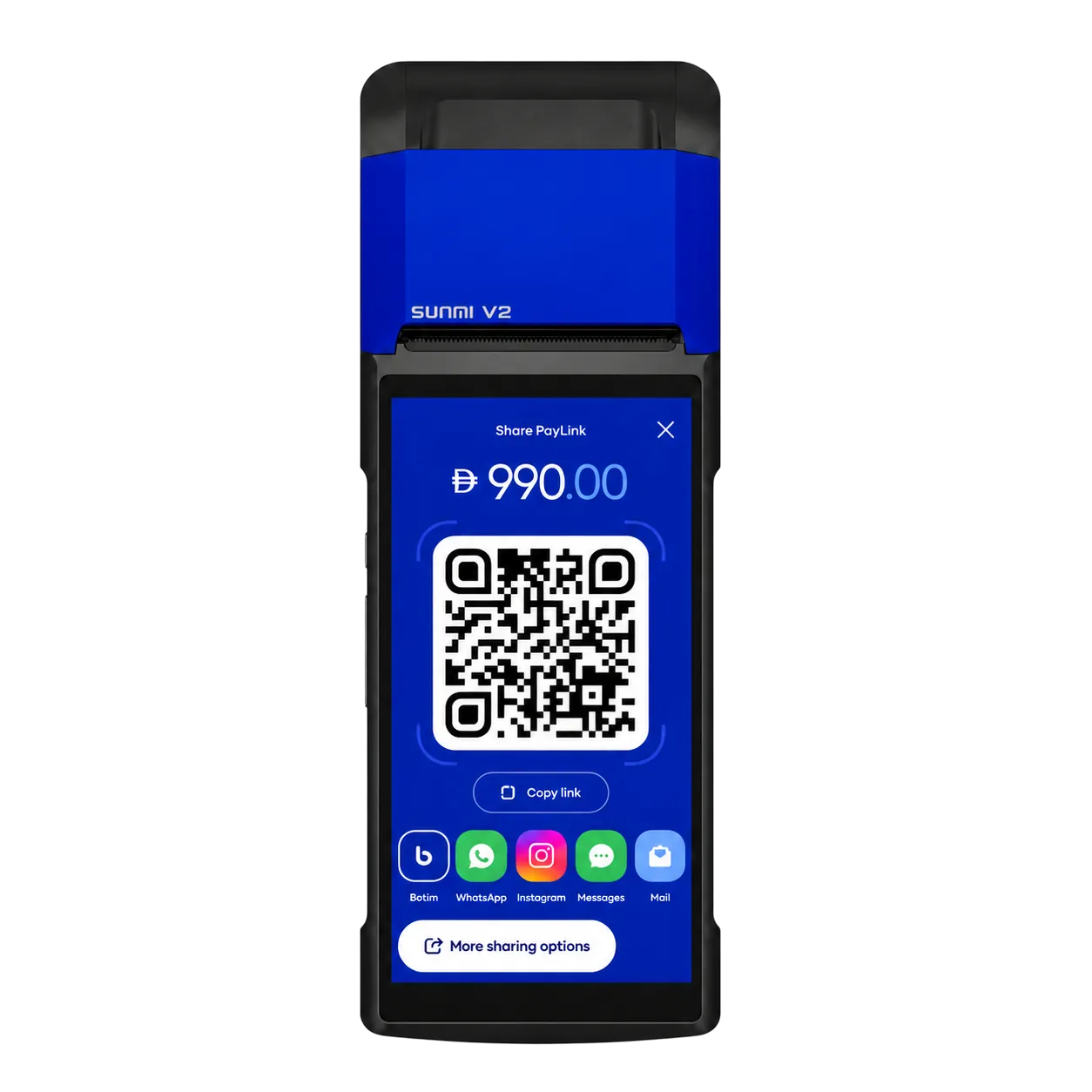 Smart POS terminal showing a PayLink with a QR code for AED 990.00
